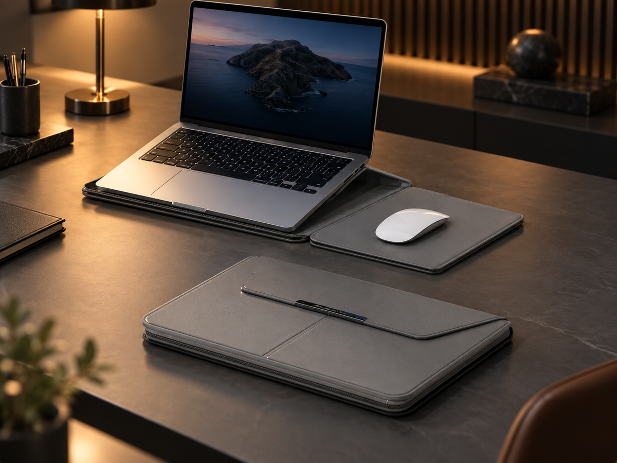 Grått datorfodral i PU-läder på ett skrivbord, visat stängt och öppet med laptop och utfälld musmatta.